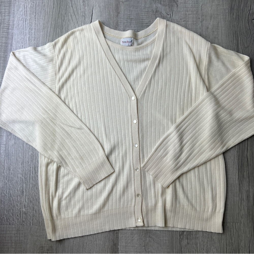 Vintage Bobbie Brooks Cream V-Neck Button-Up Women's Cardigan with Undershirt